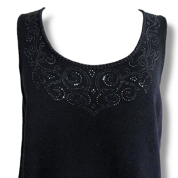 St John Womens Shell Top Sz Medium Black Santana Knit Crystal Neckline Luxury - Picture 2 of 7